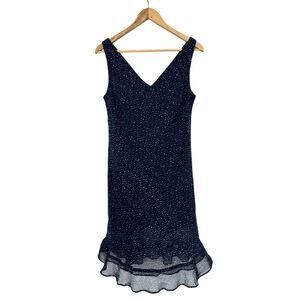 Y2K Polka Dot Navy Blue V-Neck Straight Ruffled Hem Chiffon Date Night Out Dress